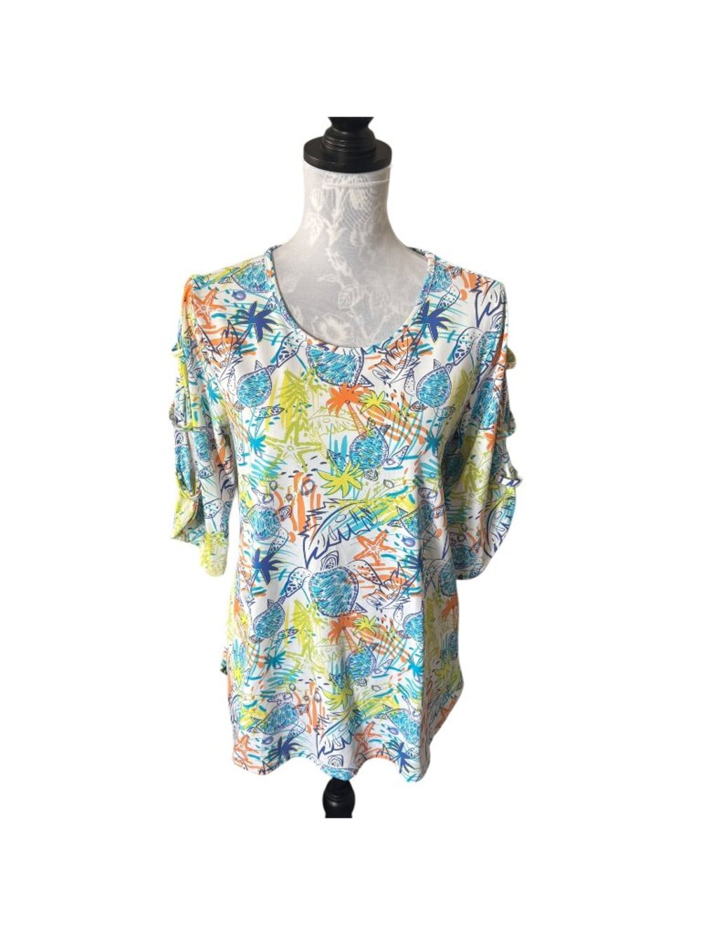 Lulu-B Womens UPF 50+ Floral Beach Print Colorful Golf Top Shirt Small